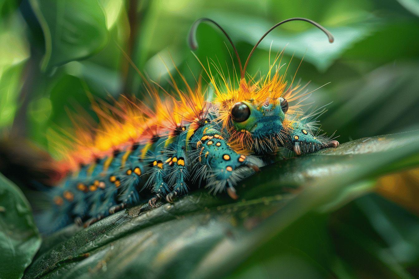Gros plan sur une chenille verte et orange, vivante et détaillée.