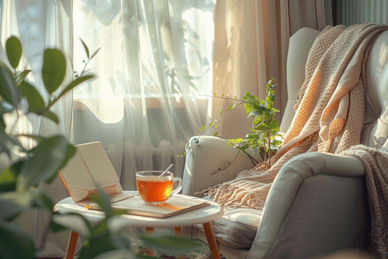 Fauteuil confortable, livre ouvert, tasse de thé et plantes