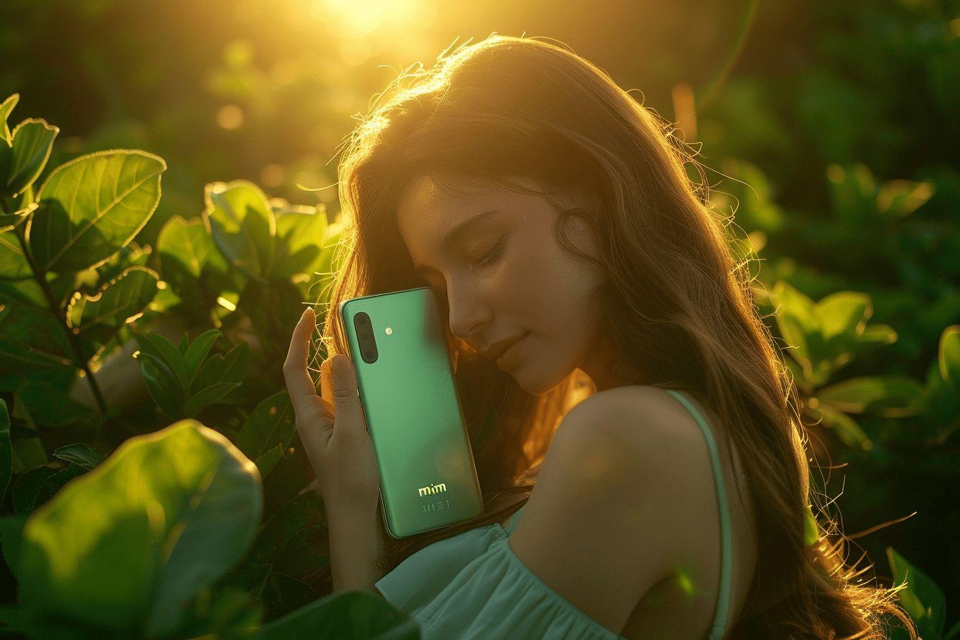Une jeune femme relaxée regardant son téléphone dans un paysage verdoyant