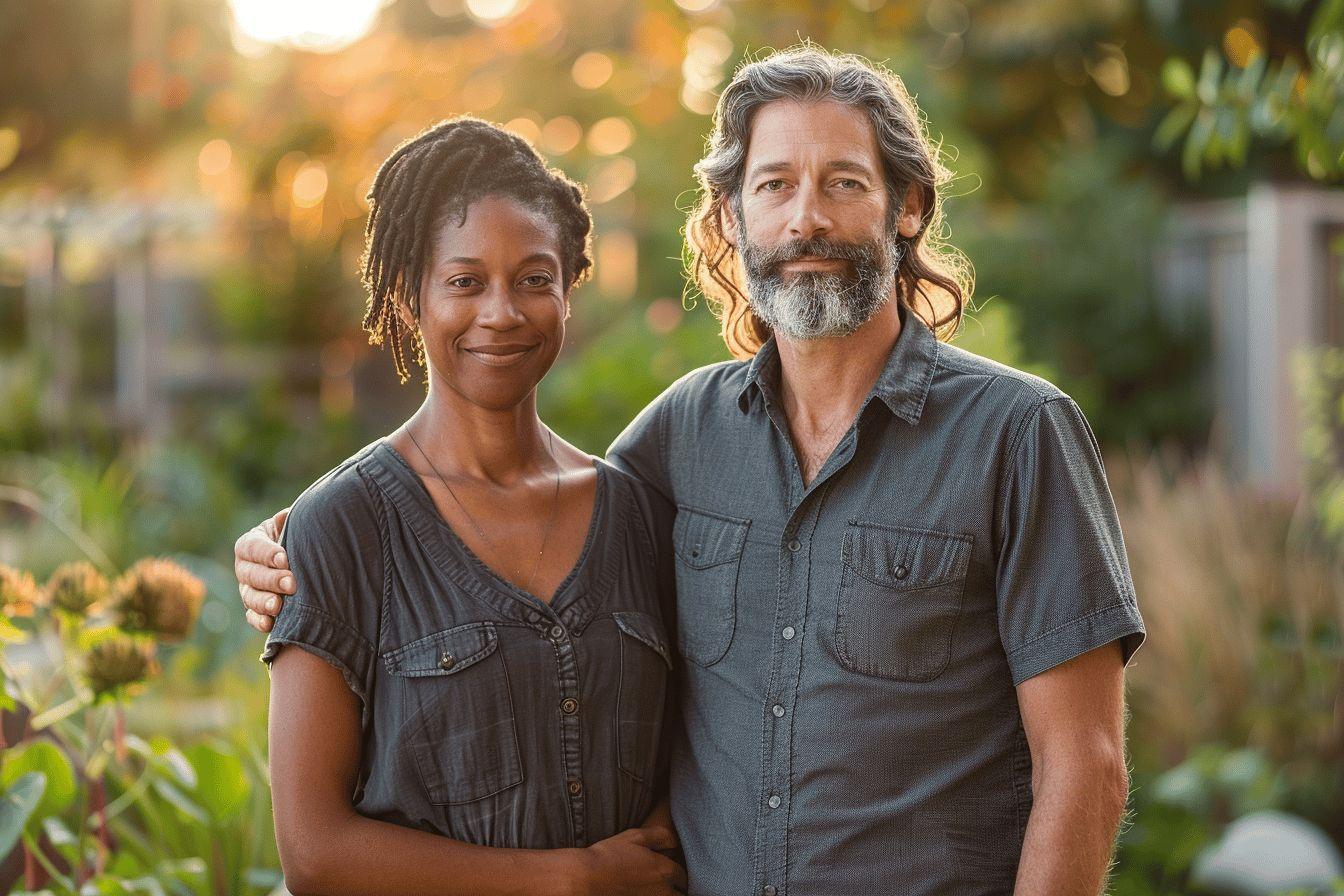 Deux personnes souriantes, un homme et une femme, enlacés dans un jardin verdoyant.