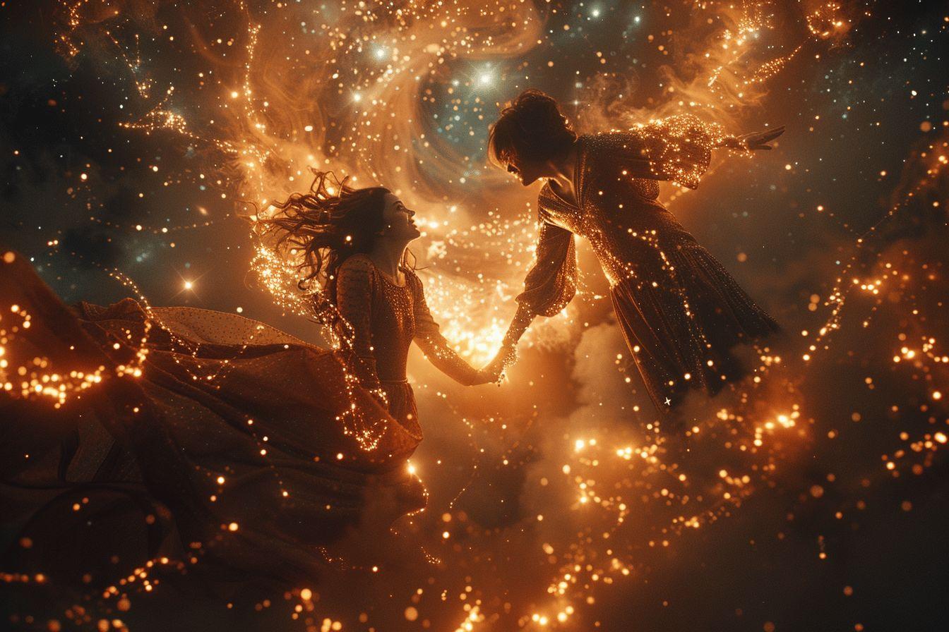 Une scène fantastique avec deux personnages dansant dans un tourbillon de lumière dorée