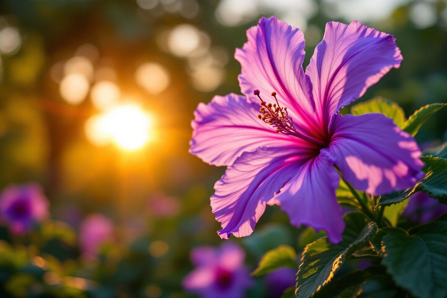 Une majestueuse fleur d'hibiscus violet sous un soleil éclatant