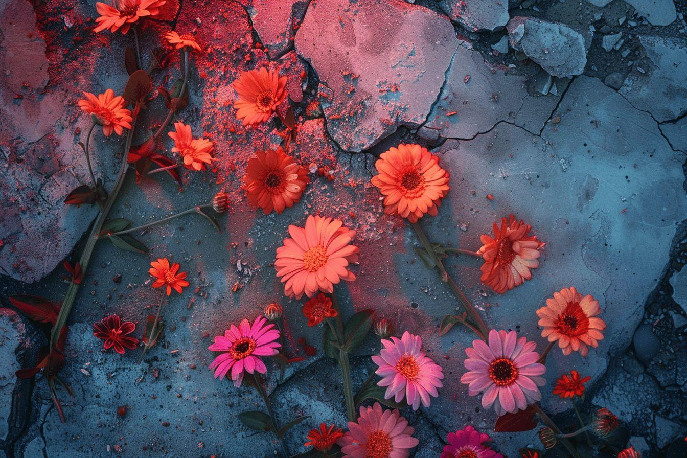 Gerberas oranges et roses sur surface grise craquelée
