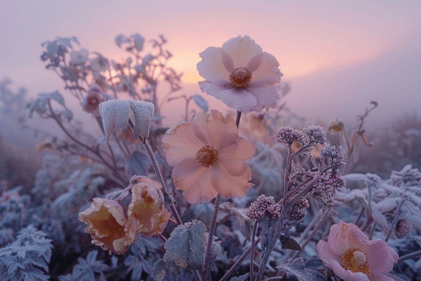 Fleurs délicates couvertes de gelée dans une lumière pastel
