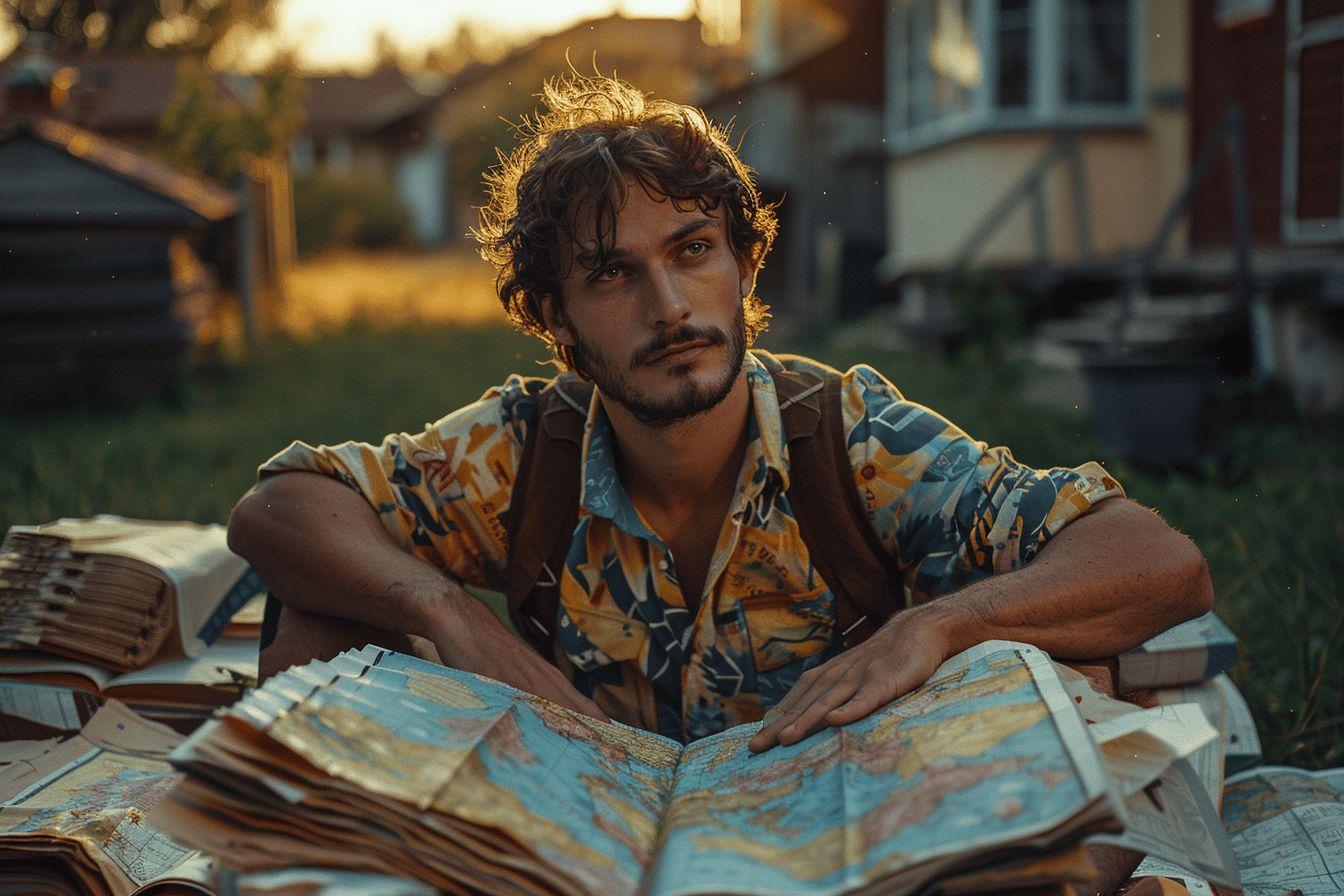 Un homme avec des cheveux bouclés et une barbe, assis entouré de livres dans un cadre naturel.