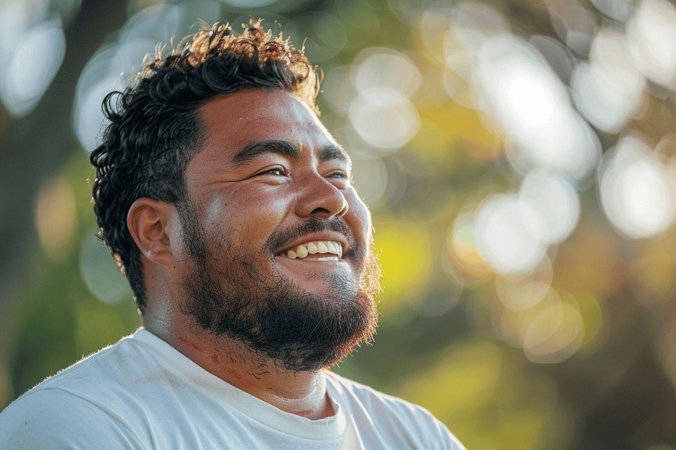 Visage d'un homme souriant avec une barbe et des cheveux bouclés
