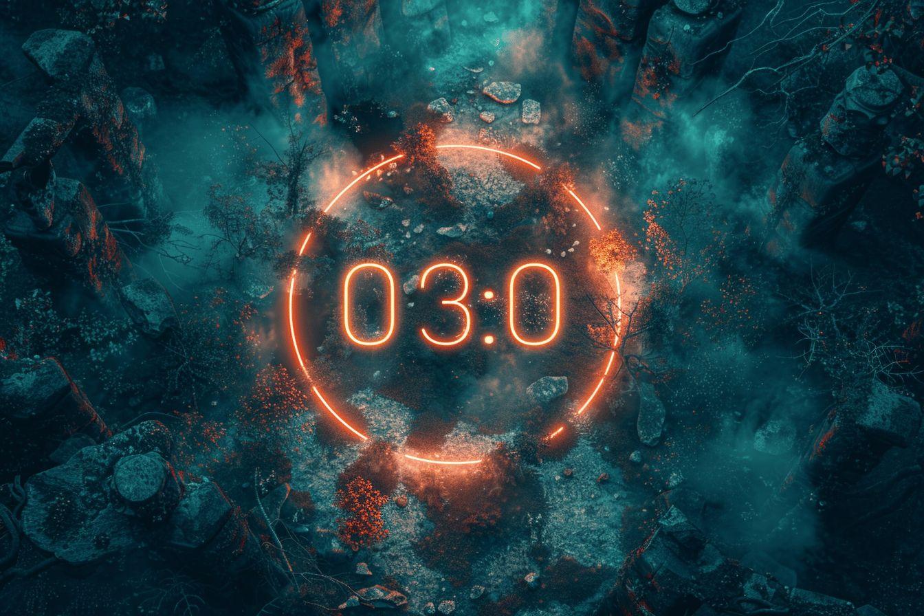Affichage numérique 03:00 lumineux dans un environnement mystérieux rocheux