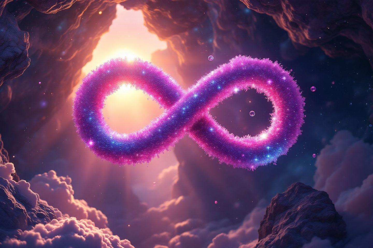Une représentation fantaisiste de l'infinité de l'univers, avec un symbole infini brillant et des éléments cosmiques.