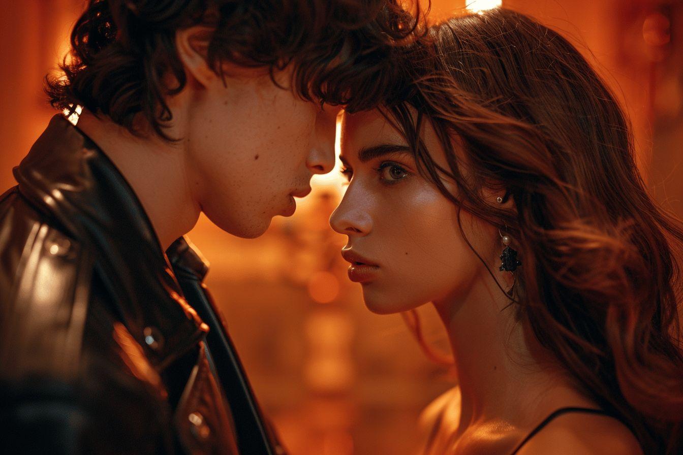 Deux jeunes personnes se regardent amoureusement dans une atmosphère chaude et lumineuse.
