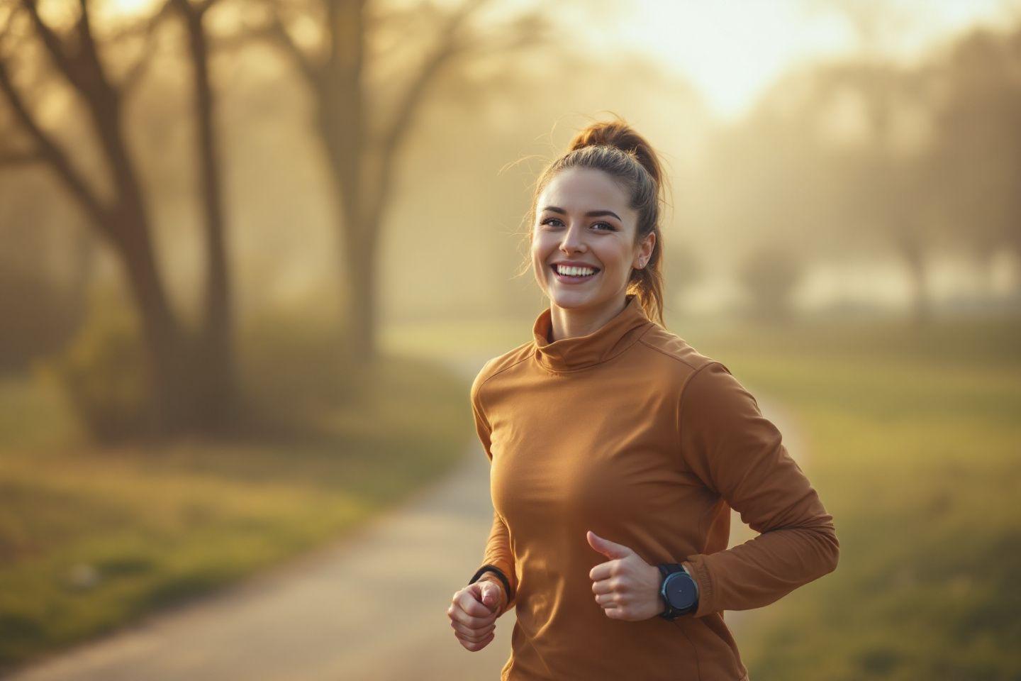 Jeune femme souriante courant dans un paysage automnal