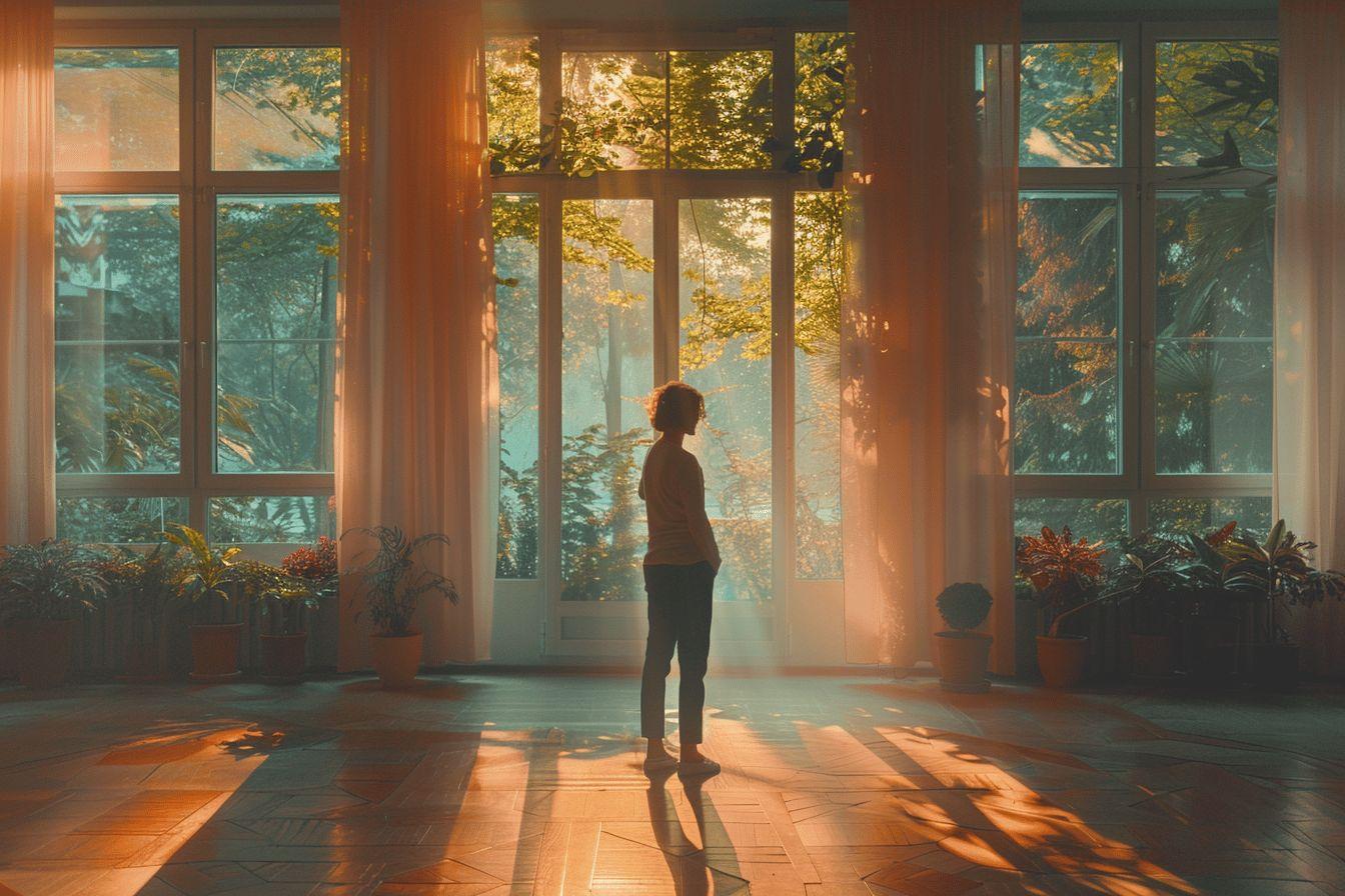 Personne debout dans un intérieur lumineux, fenêtres donnant sur la forêt automnale.