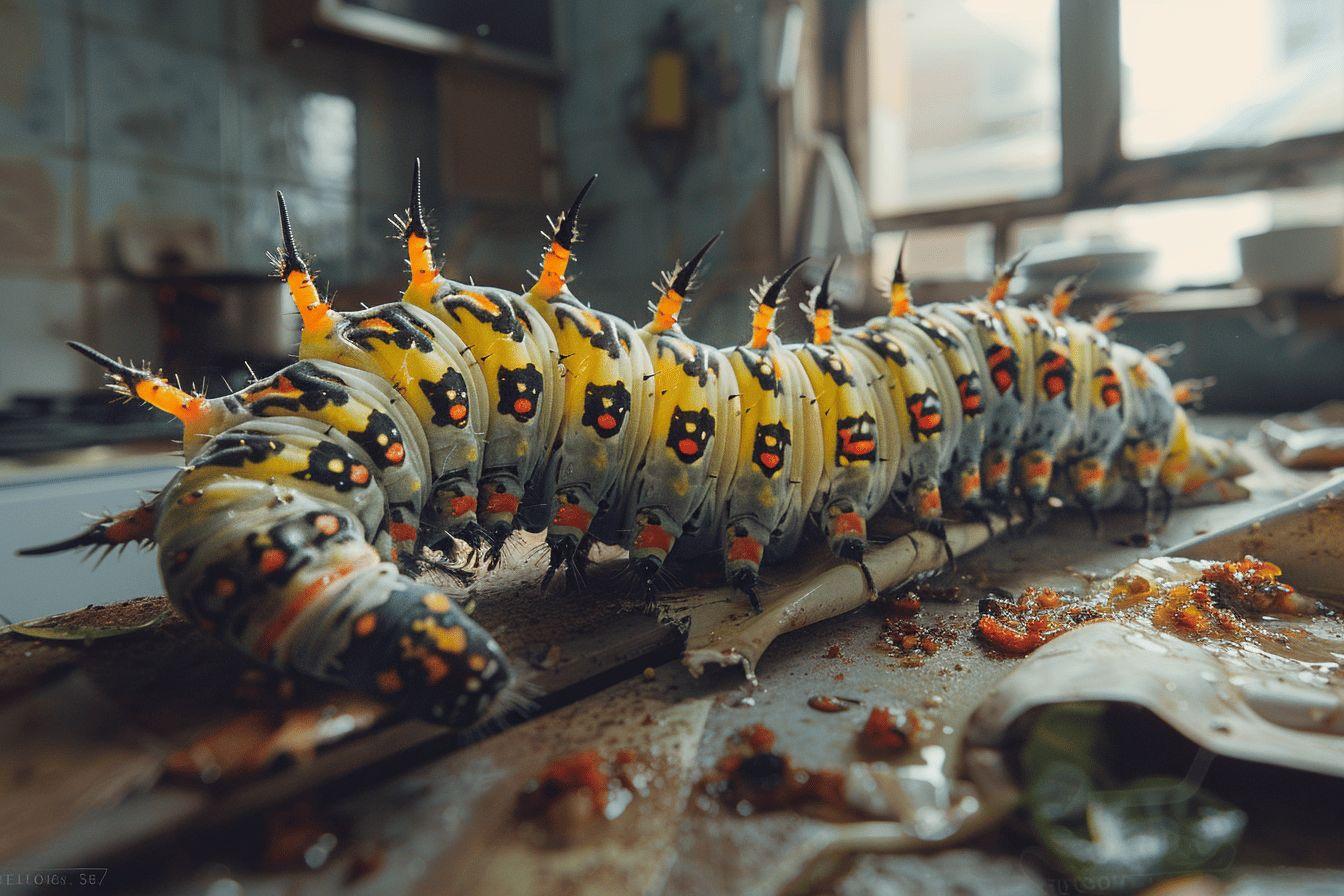 Gros plan sur une chenille jaune et noire avec des motifs de points rouges.