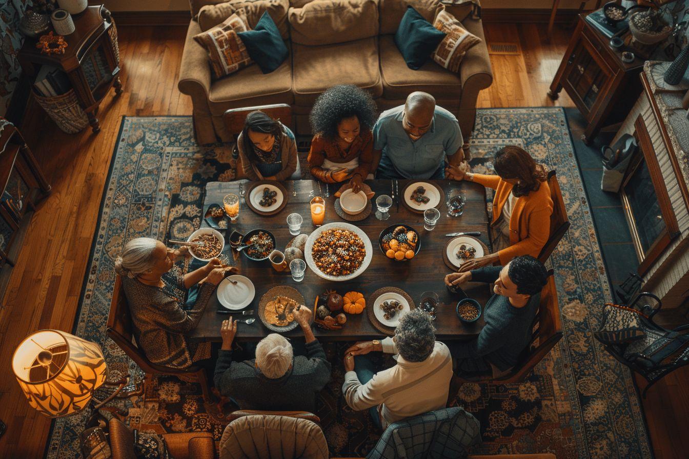 Famille africaine américaine réunie autour d'un repas copieux