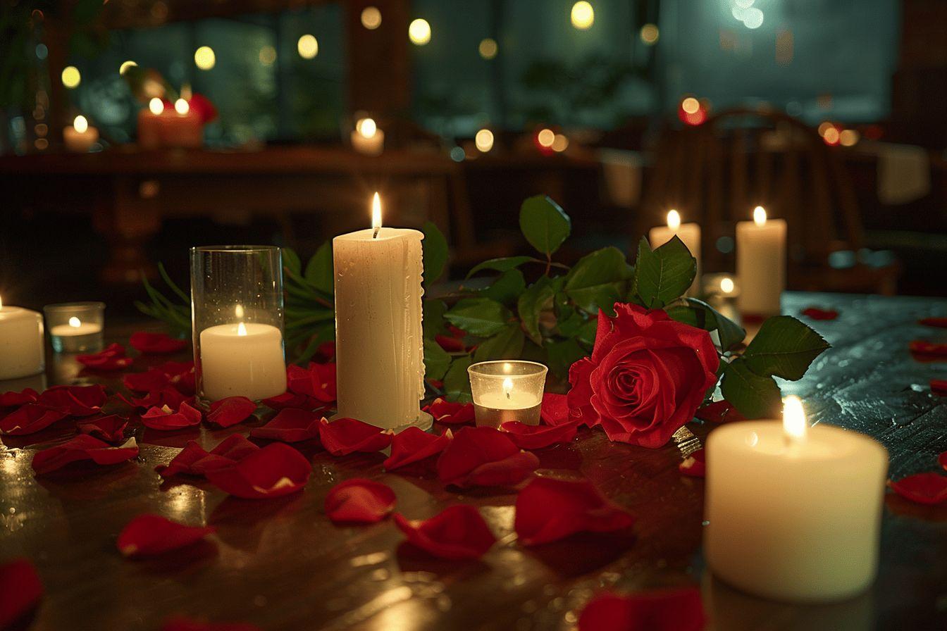 Bougies allumées, pétales de rose rouge sur une surface sombre