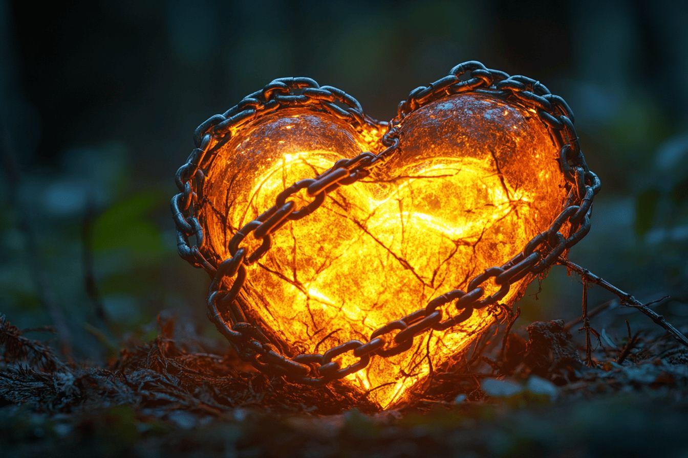 Cœur doré brillant enserré par des chaînes métalliques sombres