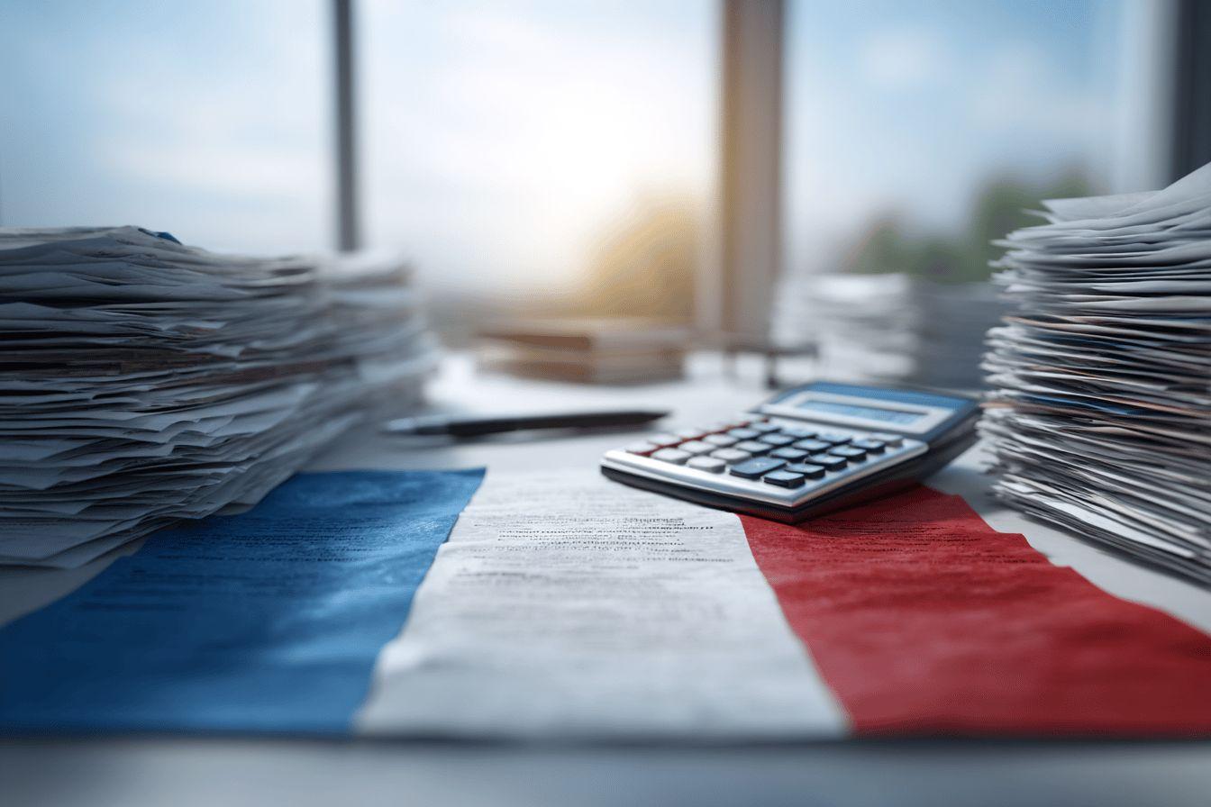 Calculatrice et documents sur fond du drapeau tricolore
