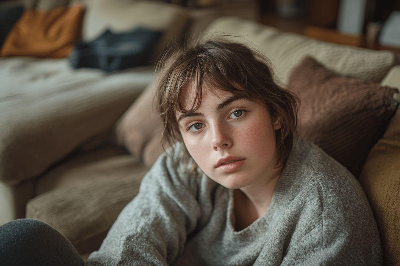 Portrait d'une jeune femme pensive dans un pull gris