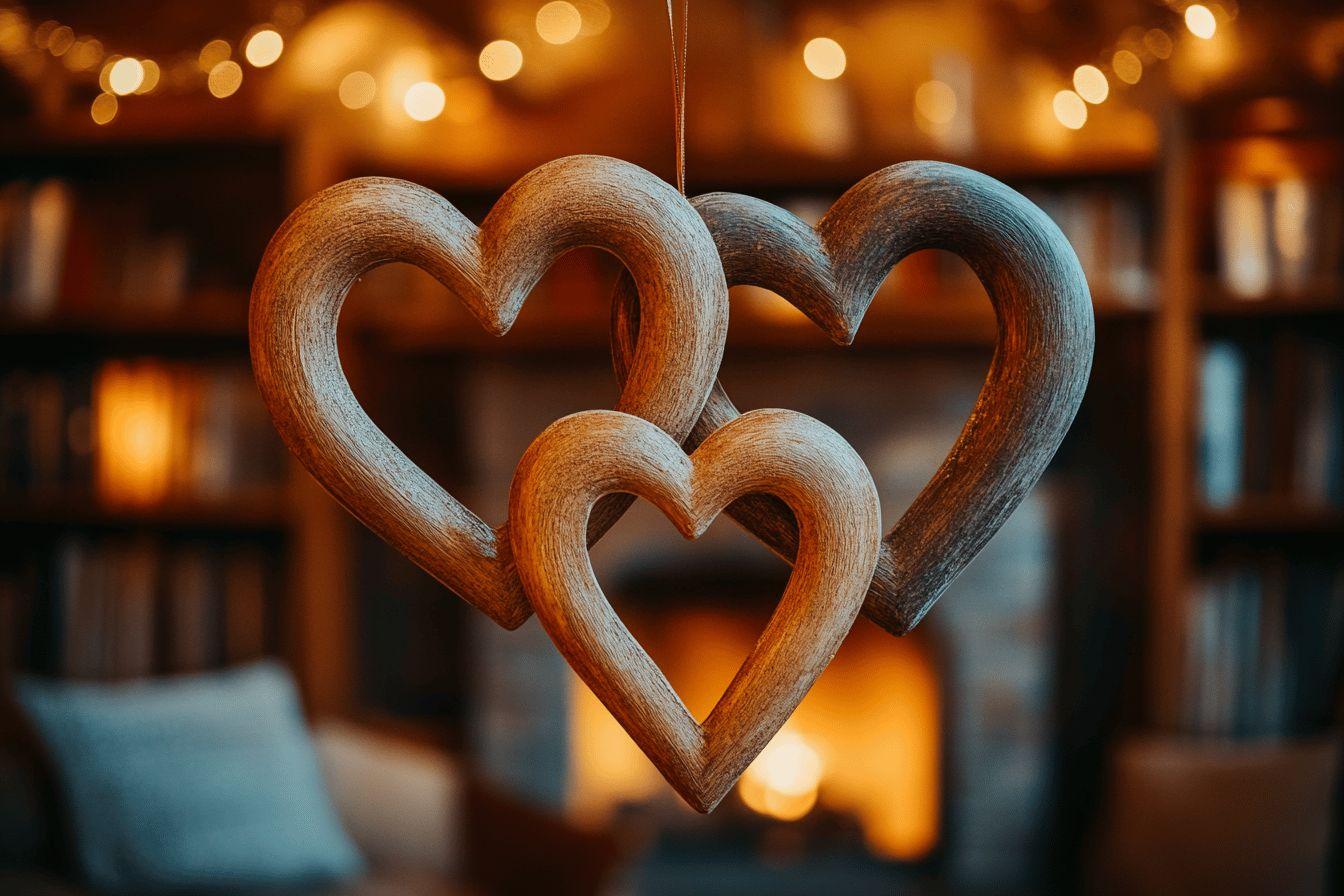 Trois cœurs en bois entrelacés avec lumières douces en arrière-plan