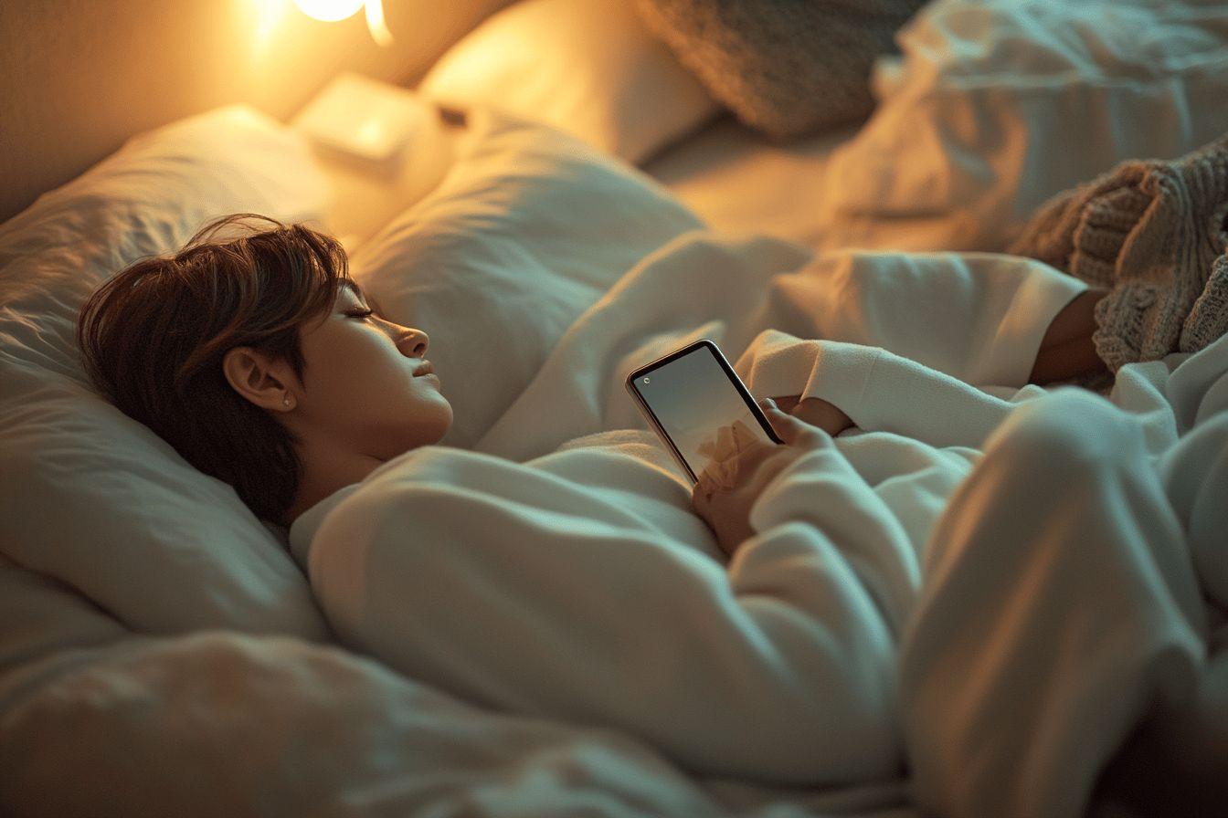 Personne allongée dans un lit, regardant son téléphone