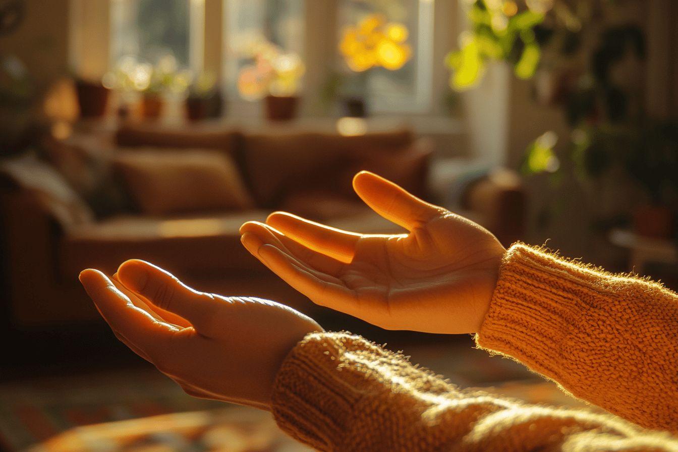 Mains paumes vers le haut, éclairées par la lumière chaude