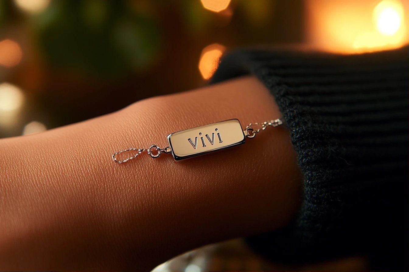 Bracelet doré avec le nom Vivi sur un poignet