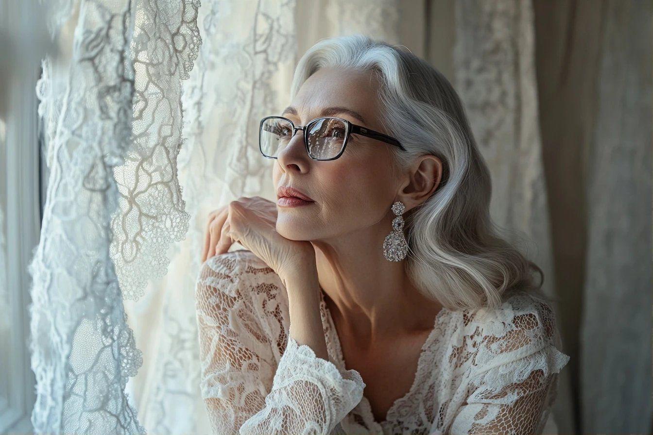 Femme âgée en dentelle blanche, regardant par la fenêtre