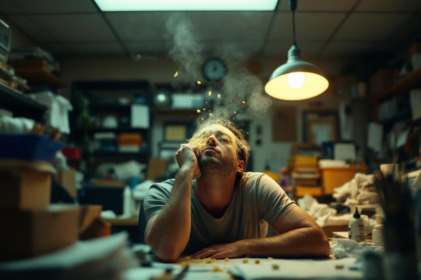 Homme fatigué à son bureau, tête dans la main