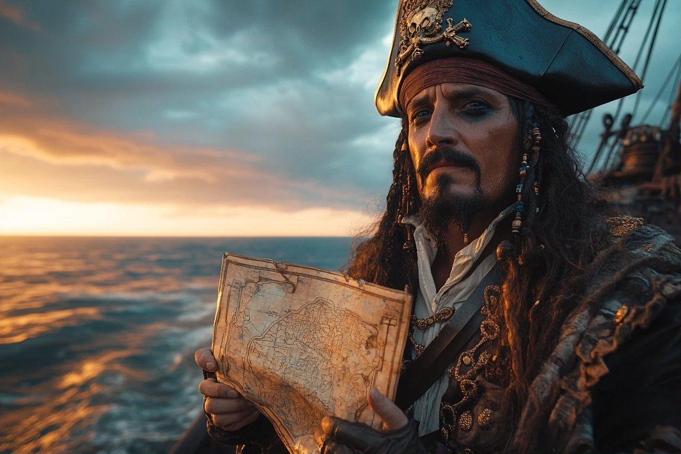 Pirate avec carte marine et ciel dramatique au coucher de soleil