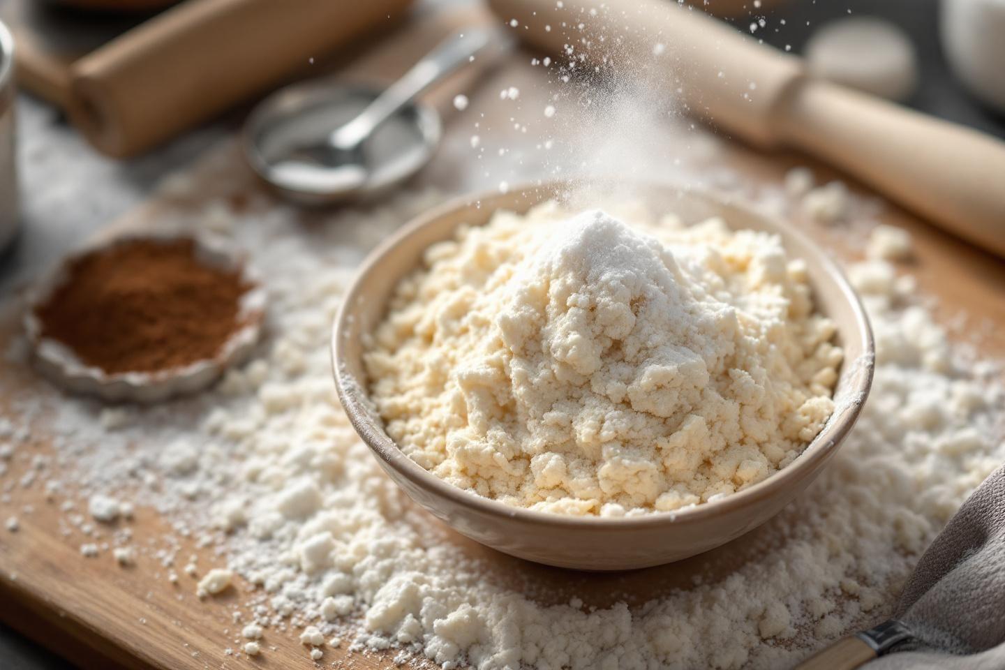 Bol de farine blanche avec ustensiles de cuisine
