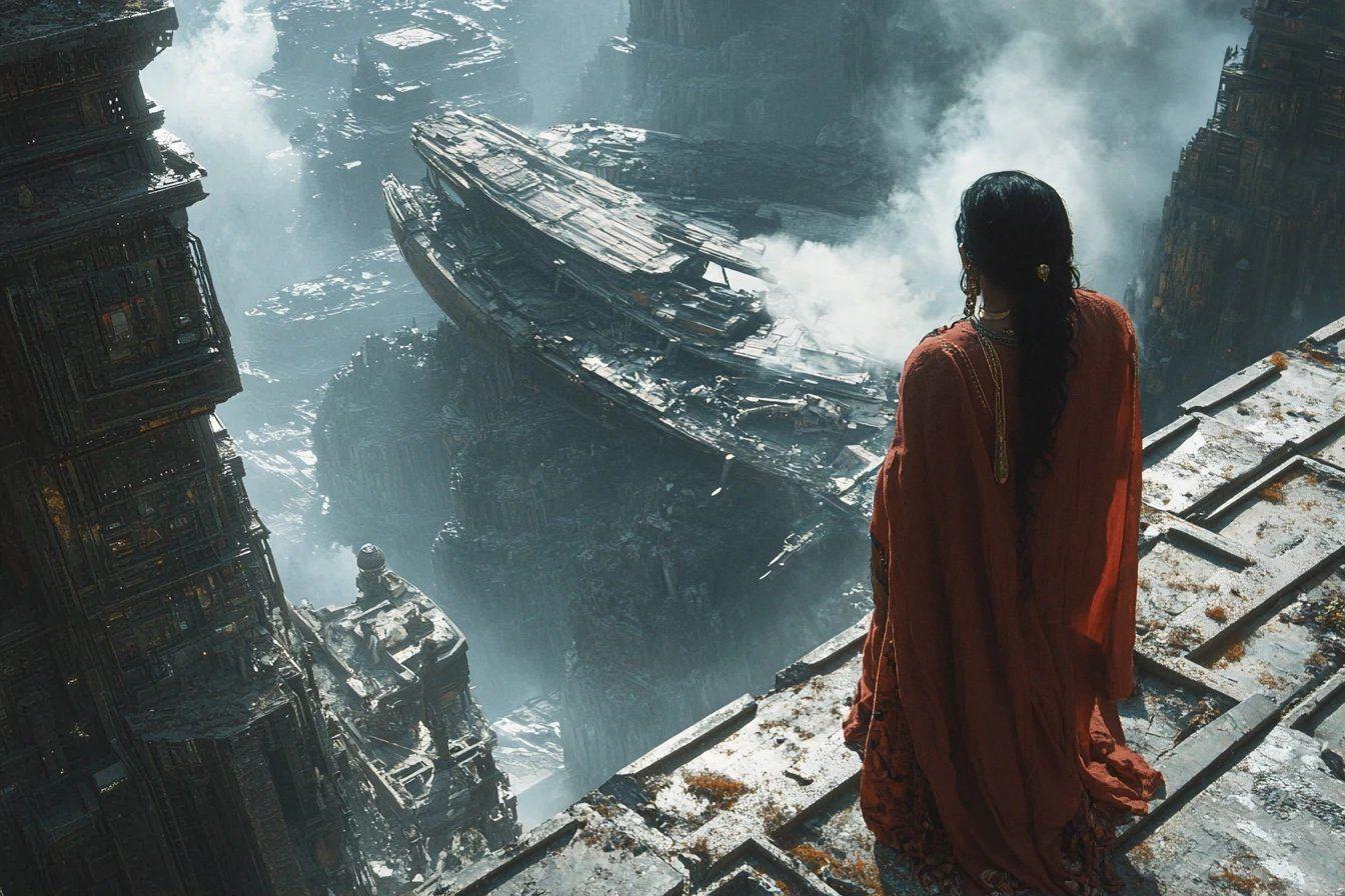 Femme en rouge observant des vaisseaux dans une cité détruite