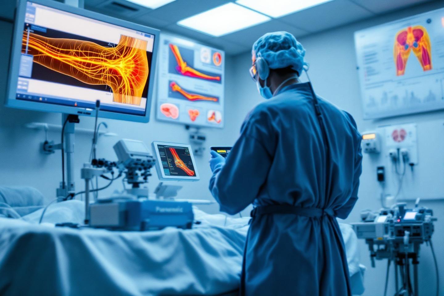 Professionnel de santé devant des écrans montrant des systèmes nerveux