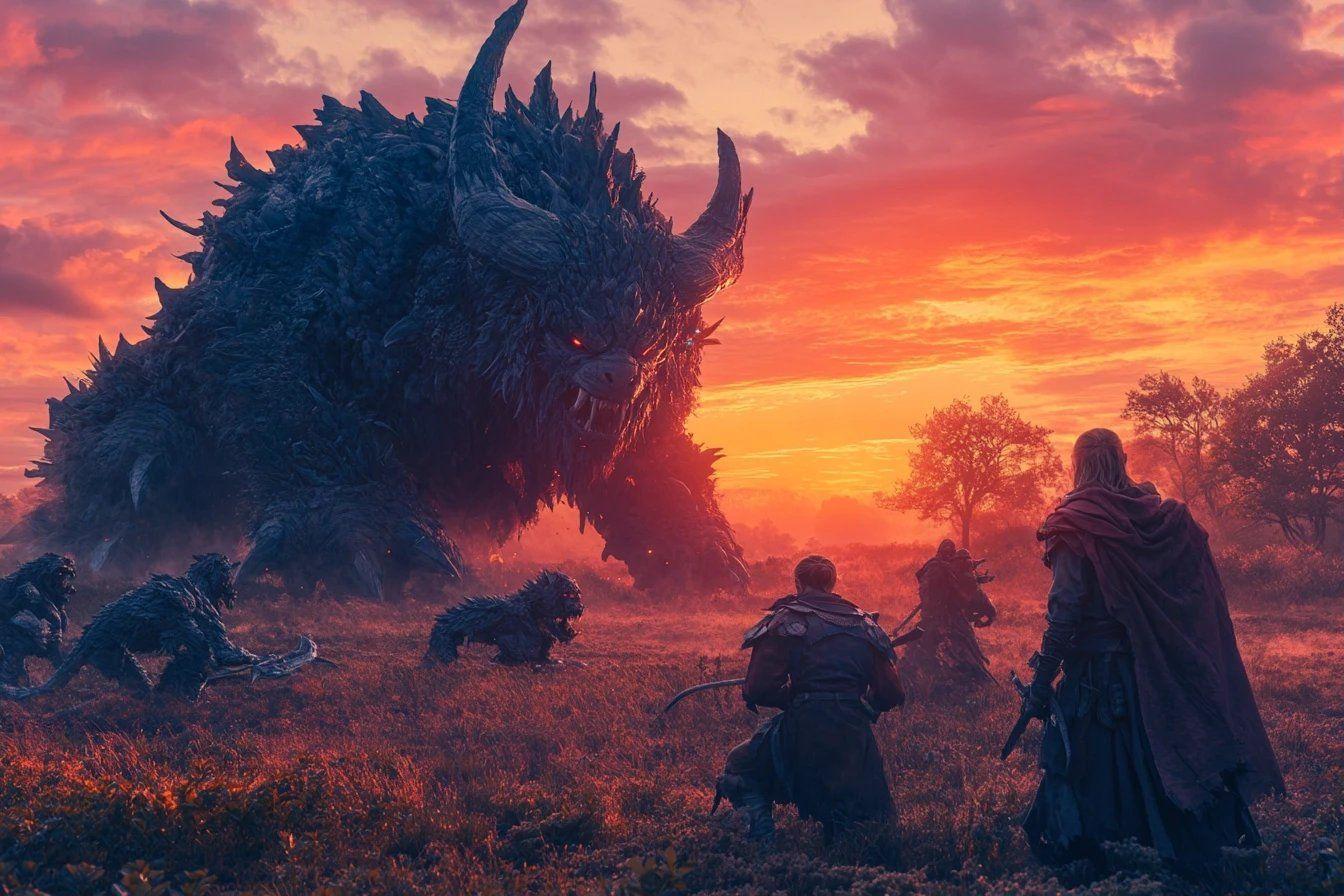Créatures monstrueuses affrontant des guerriers dans un paysage embrasé