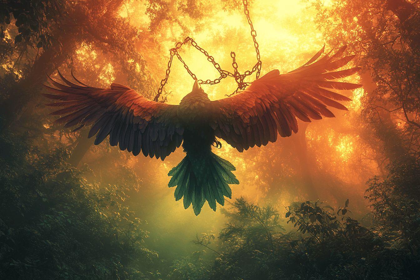 Oiseau aux ailes déployées, enchaîné dans une forêt lumineuse