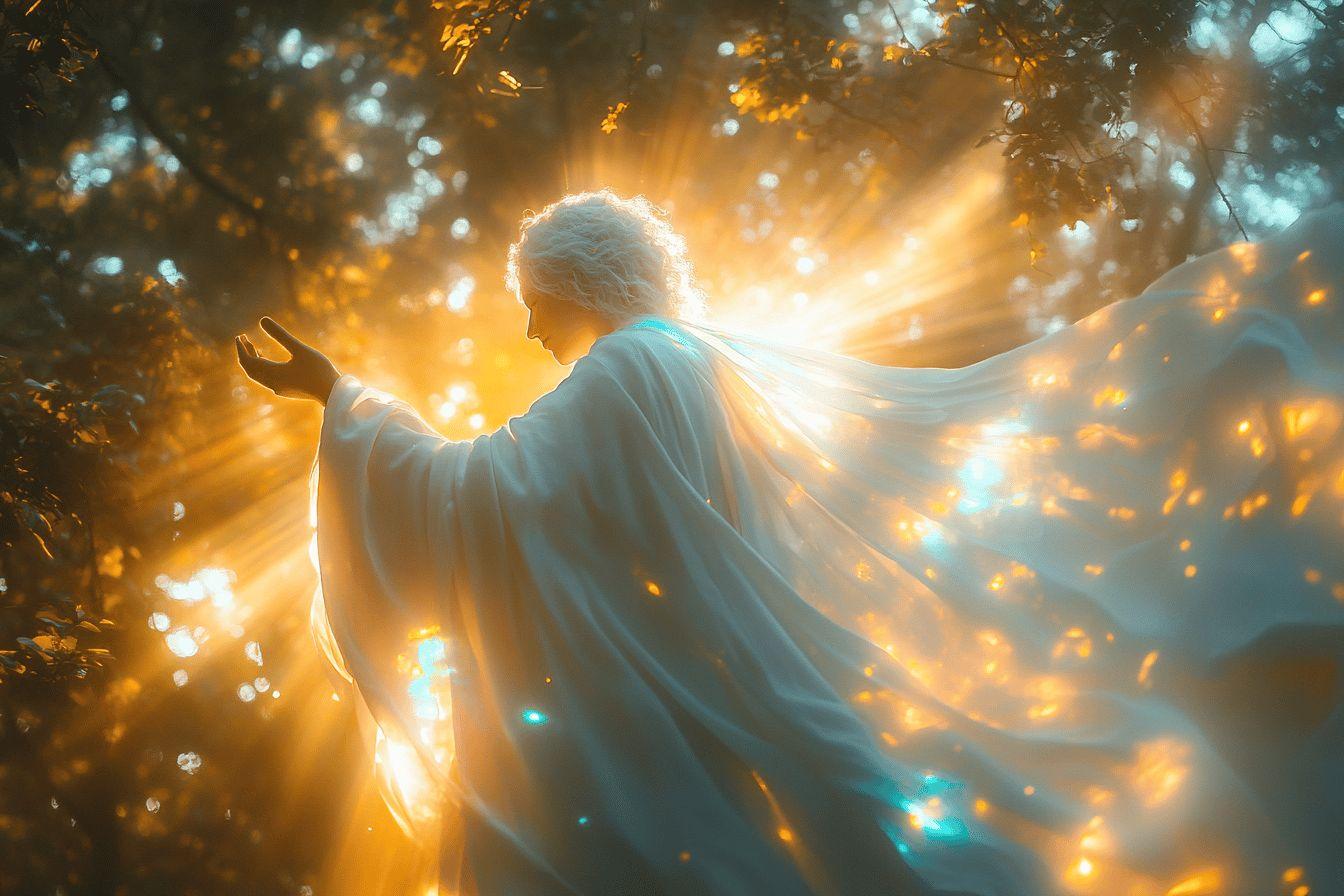 Figure angélique dans une forêt baignée de rayons lumineux