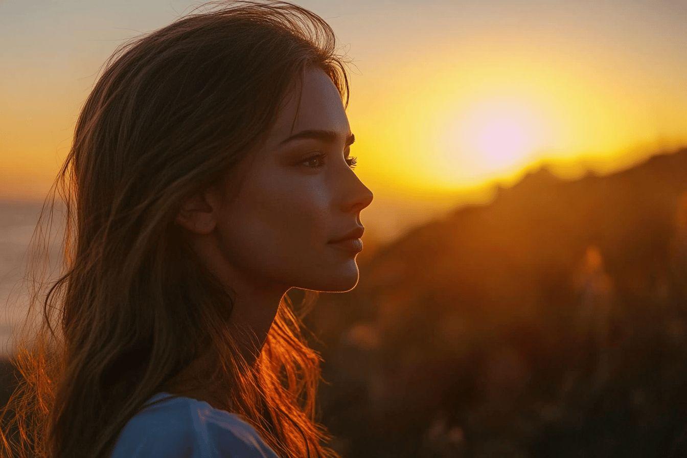 Profil d'une femme regardant l'horizon doré