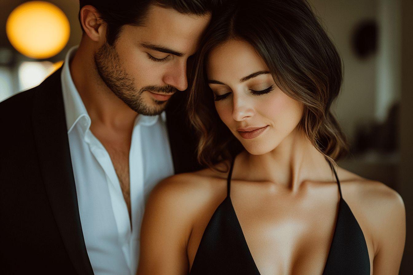 Couple enlacé, regard tendre, ambiance chaleureuse et romantique
