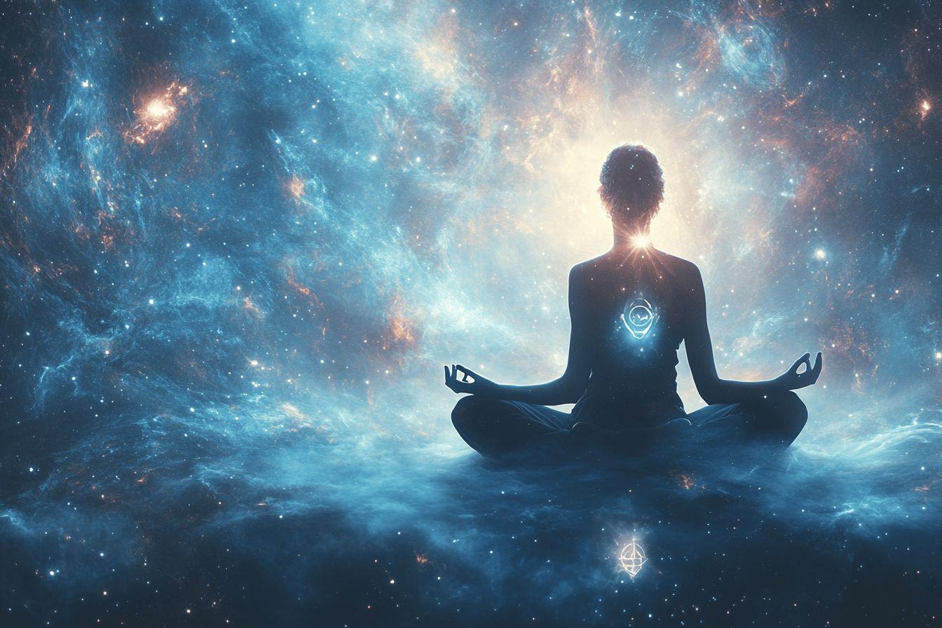 Silhouette méditative dans un cosmos étoilé bleu et lumineux