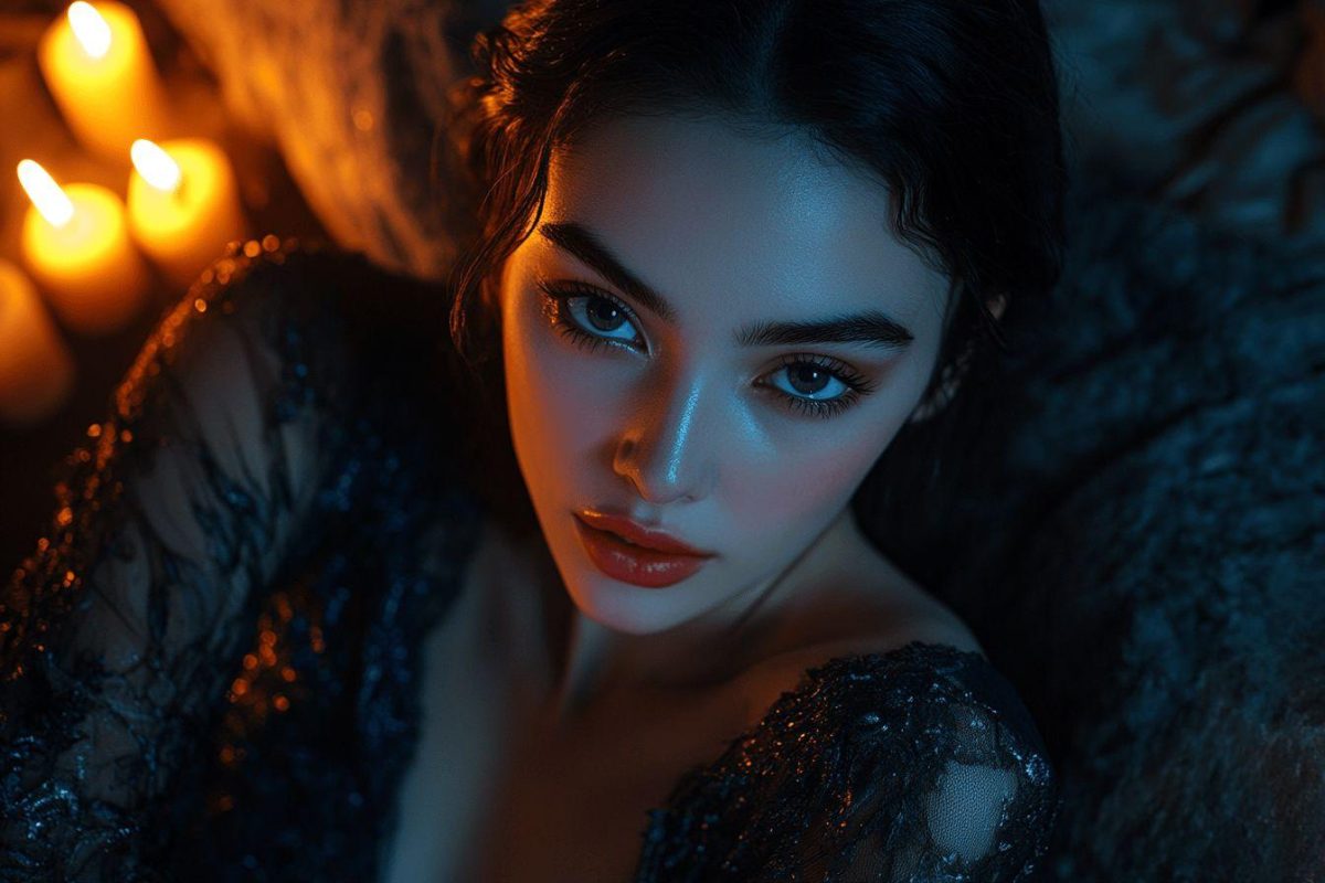 Femme mystérieuse dans lumière bleue et orange