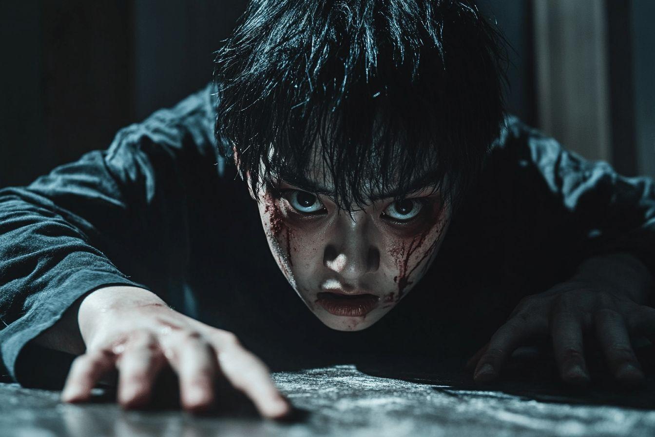 Visage ensanglanté, regard intense, posture agressive dans l'obscurité