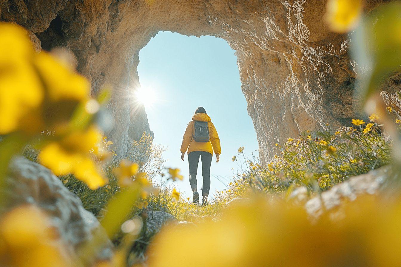 Randonneur en jaune marchant vers la lumière entre des rochers