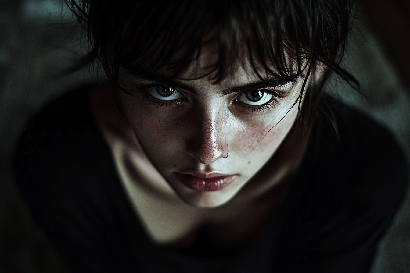 Visage en gros plan, yeux bleus perçants, mèches sombres