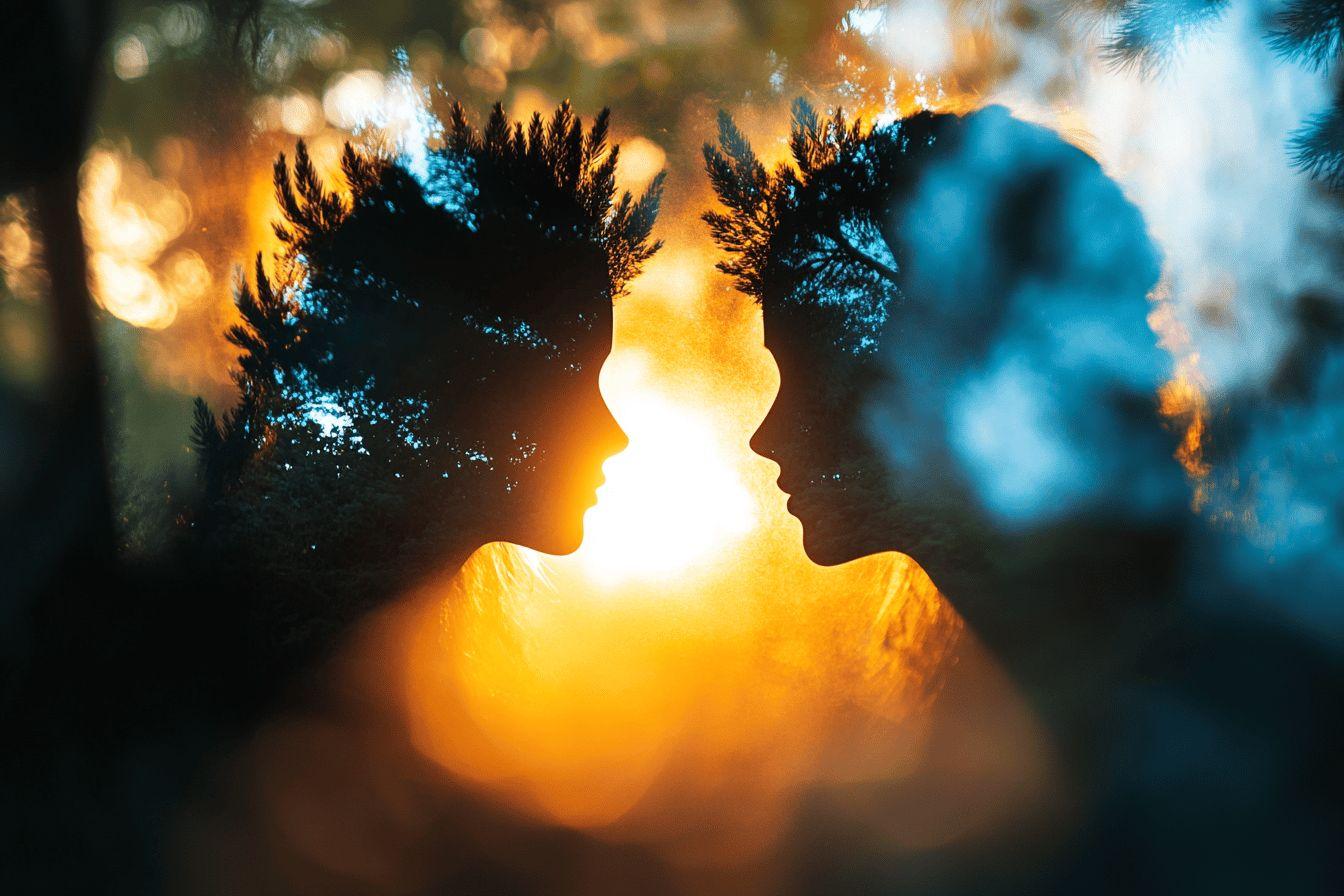 Deux profils face à face, illuminés par une lumière dorée