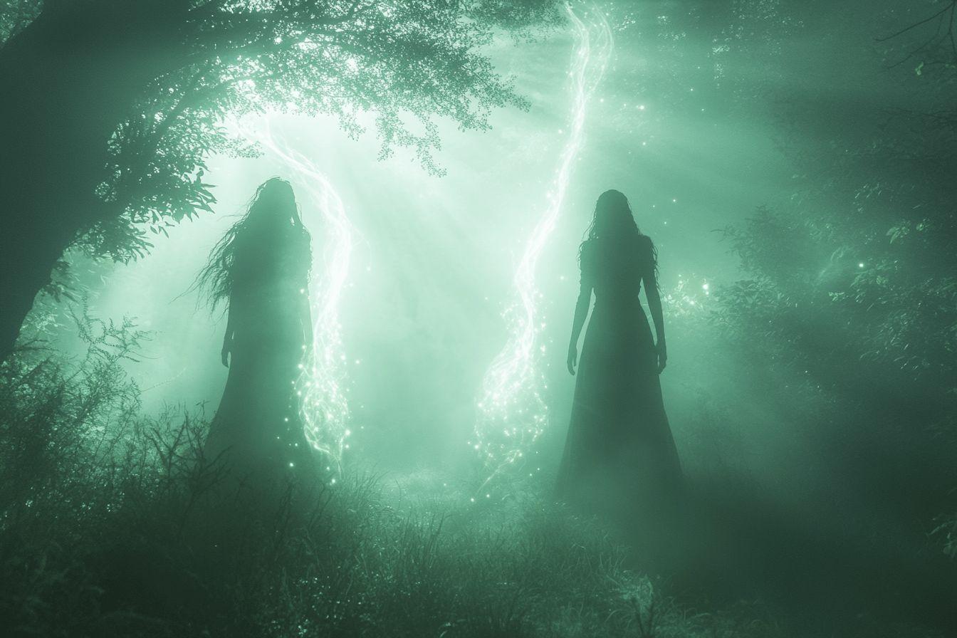 Deux figures mystérieuses entourées de lumière verte dans une forêt brumeuse