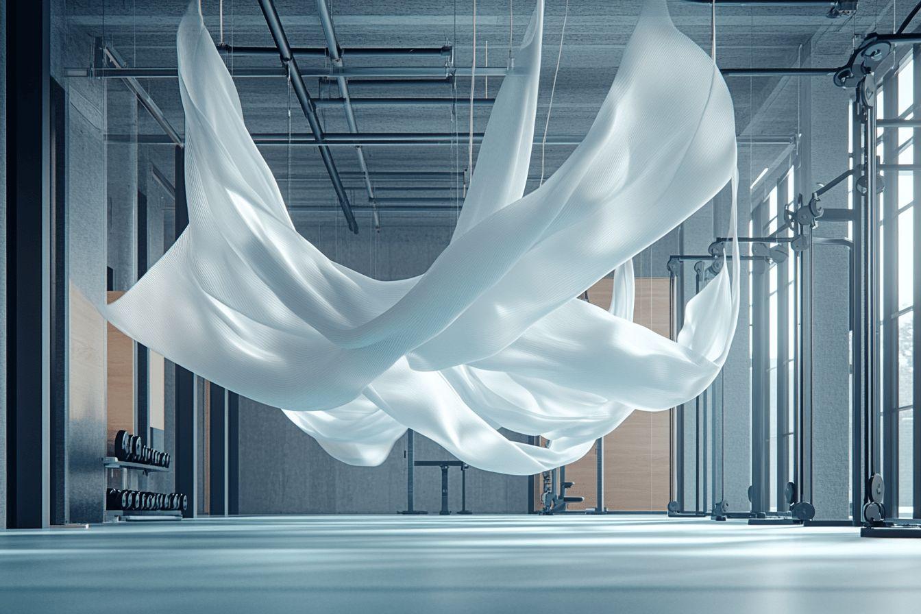 Sculptures textiles blanches flottant dans un espace industriel moderne