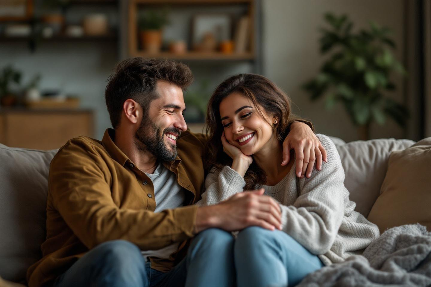 Un couple souriant enlacé sur un canapé confortable