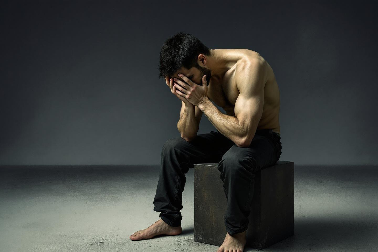 Homme torse nu, assis, visage caché par les mains