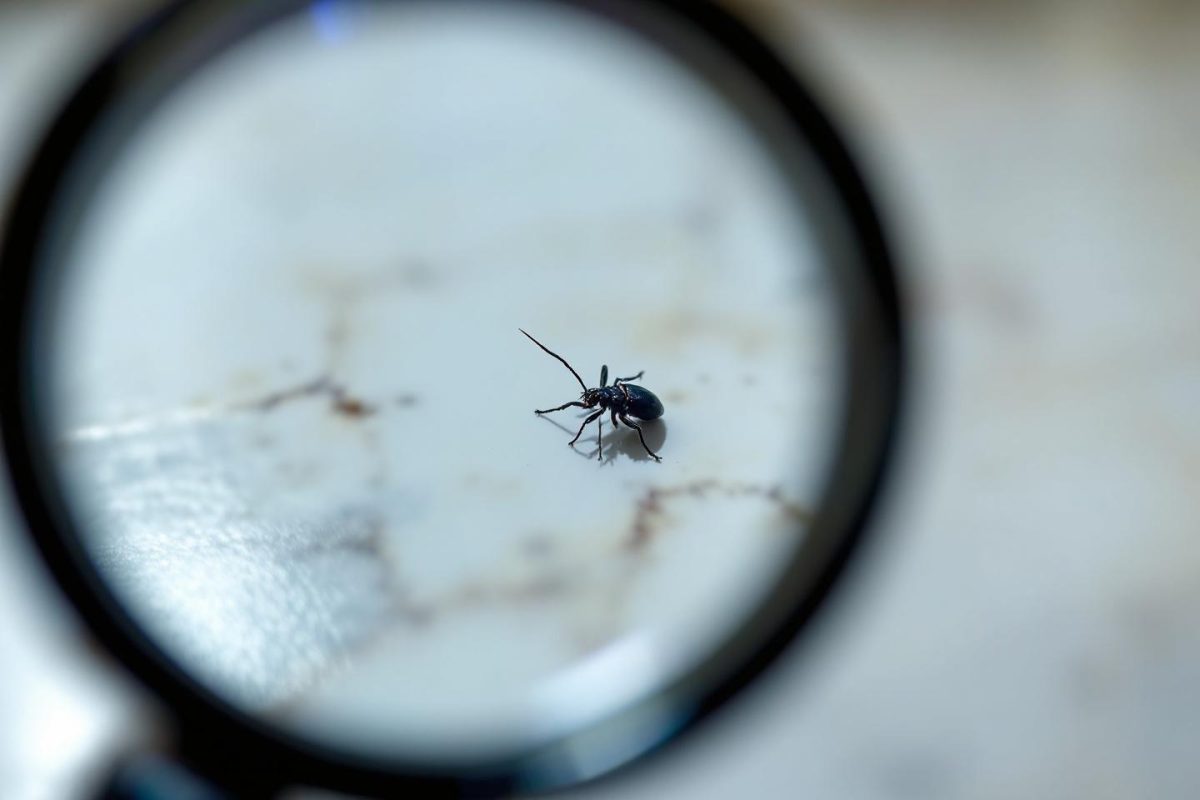 Gros plan d'un petit coléoptère noir observé à la loupe