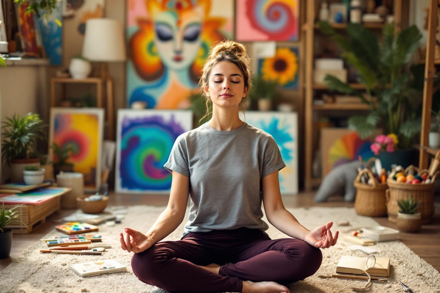 Femme méditant, entourée de peintures colorées et de matériel artistique
