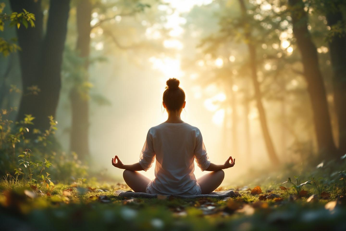 Silhouette méditative dans une forêt paisible au lever du jour