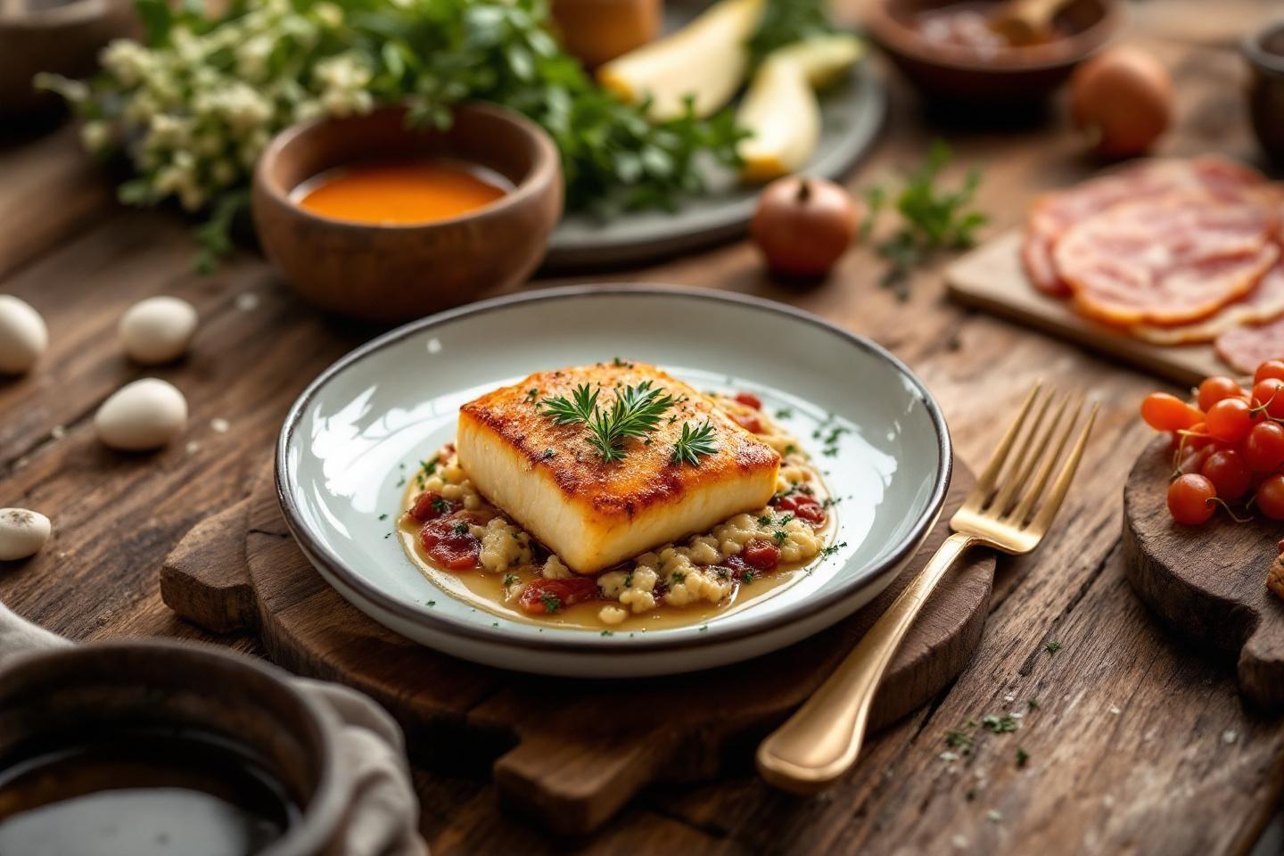 Poisson doré sur lit de légumes et sauce colorée